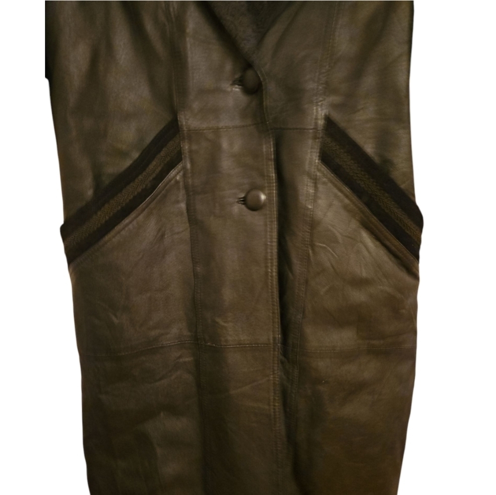 Vintage 80s Long Black Leather/Suede Trench Coat/Duster, Sz Med, Double G - Picture 4 of 12